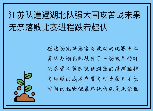 江苏队遭遇湖北队强大围攻苦战未果无奈落败比赛进程跌宕起伏